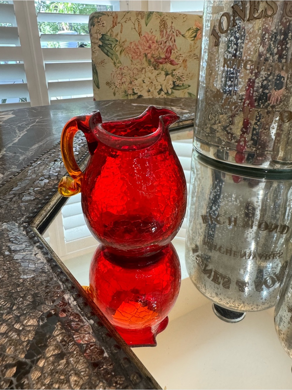 Amberina Red Crackle Glass Creamer Pitcher with Amber Handle & Rim- Home Art